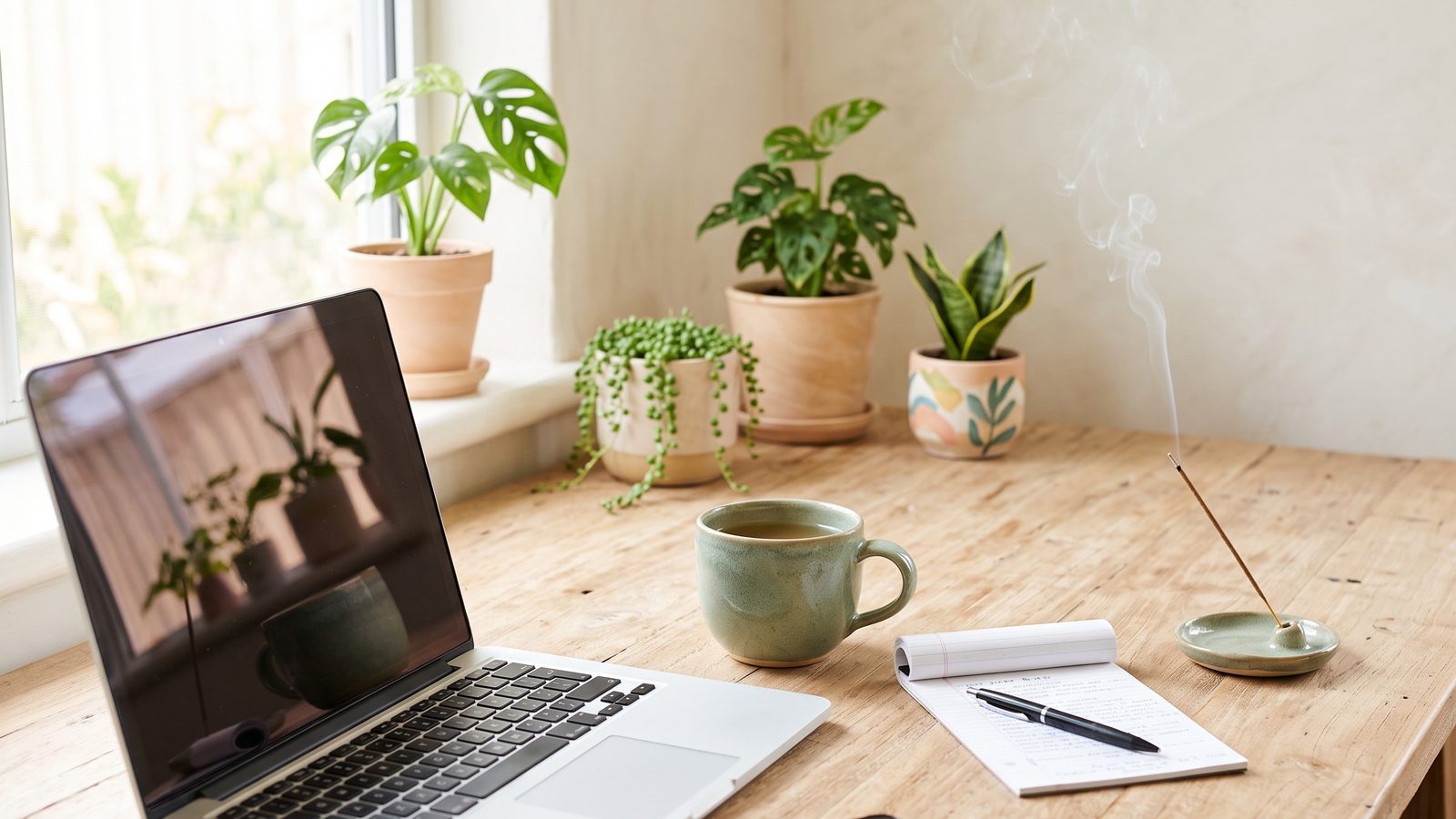 A planning desk with notebook and laptop